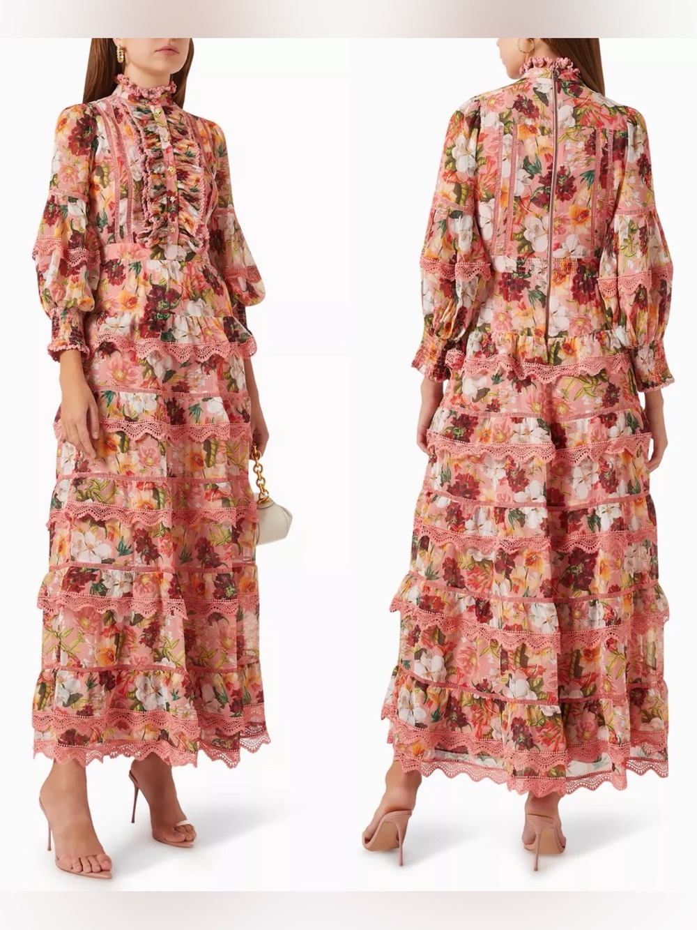 Alice + Olivia Brooke High Neck Maxi Dress Juniper Floral Rose Button Front 6 - Picture 2 of 16